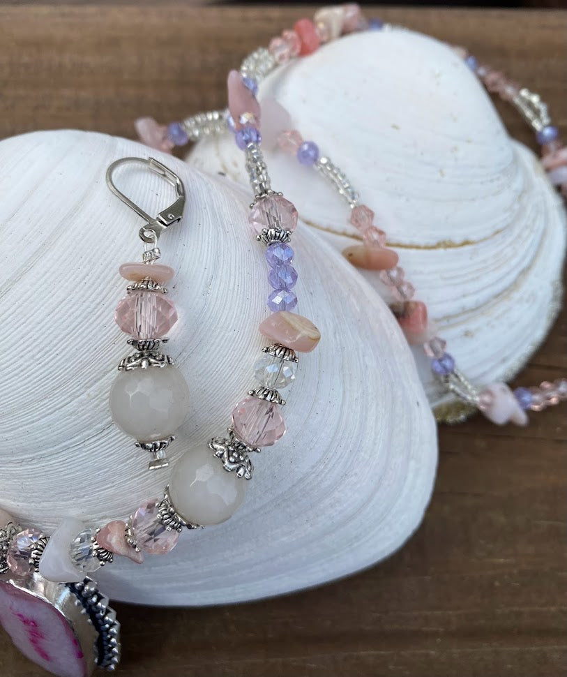 Rose quartz Druzi gemstone necklace and earring set