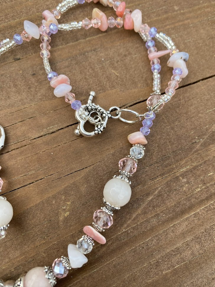 Rose quartz Druzi gemstone necklace and earring set